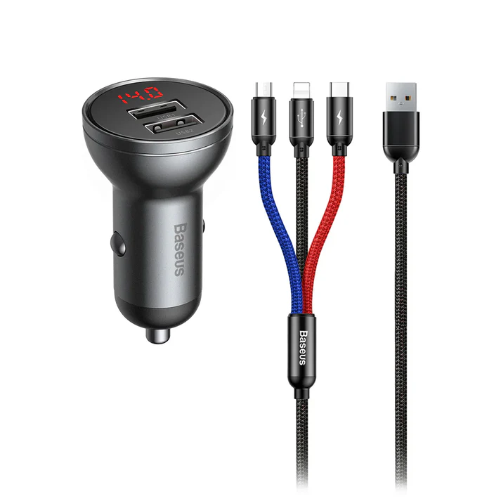 Chargeur Voiture Baseus 3‑en‑1 – Double USB 4,8 A + Câble Intégré – Puissant & Compact – Image 1